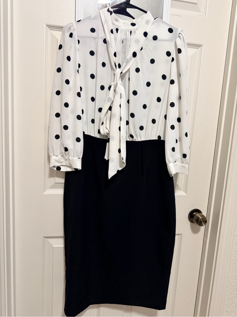 New York & Company Black and White Polka Dot Tie-Neck Pencil Skirt Dress